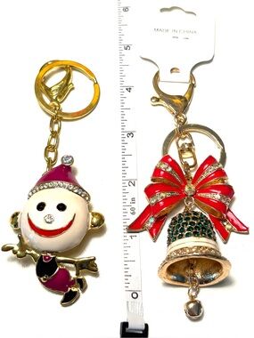 Christmas elf and Christmas bells, rhinestone studded keychains